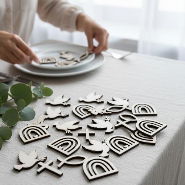 25‑teiliges Holz‑Streudeko‑Set für Taufe, Kommunion, Konfirmation und Firmung.